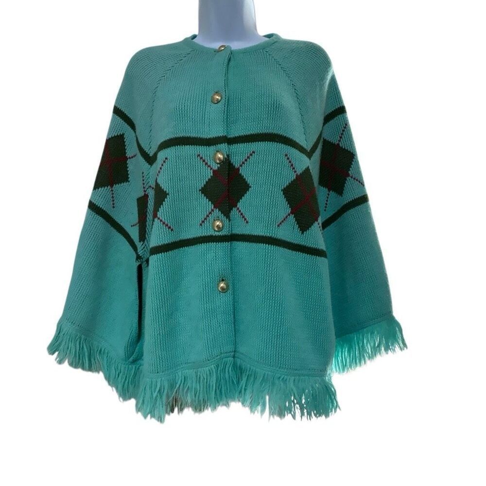 Vtg Carol Brent Teal Argyle Knit Cape Poncho‎ Sweater 60s 70s Fringe O/S Preppy
